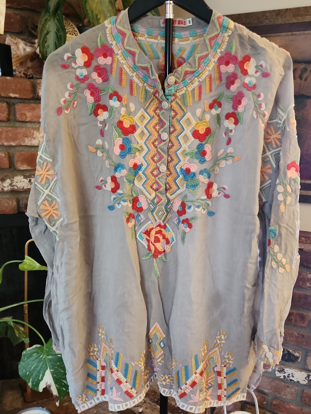 Johnny Was Gray Multicolor Floral Embroidered Boho Tunic Blouse M